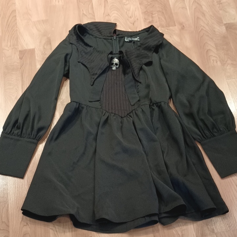 Gothic Black Long Sleeve Dress with Skull Detail